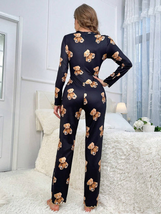 Bear Print Lettuce Trim Button Front Sleep Jumpsuit
