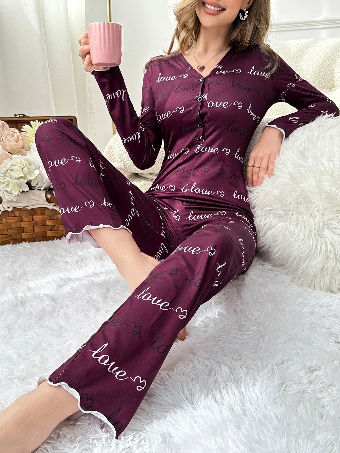 Koala & Heart Print Half Button Lettuce Trim Sleep Jumpsuit