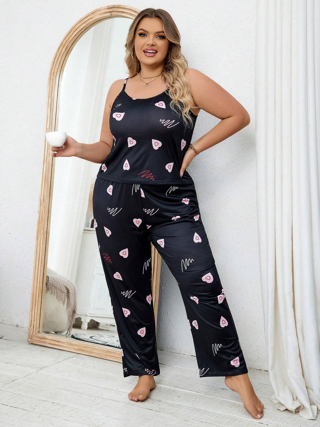 Plus Size Women'S Pink Heart Shaped Cami Set