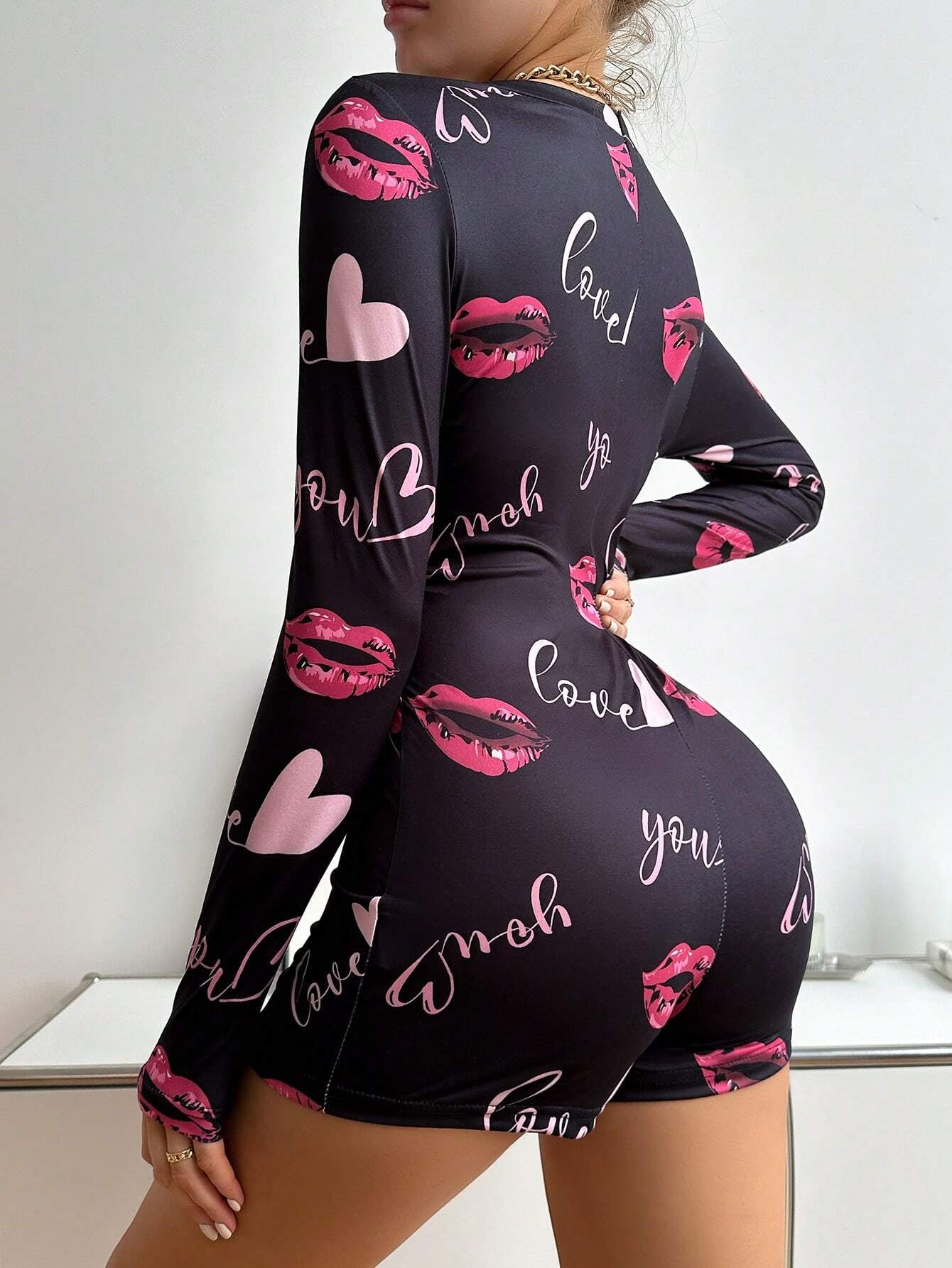 Heart Lips Printed Long Sleeve Romper