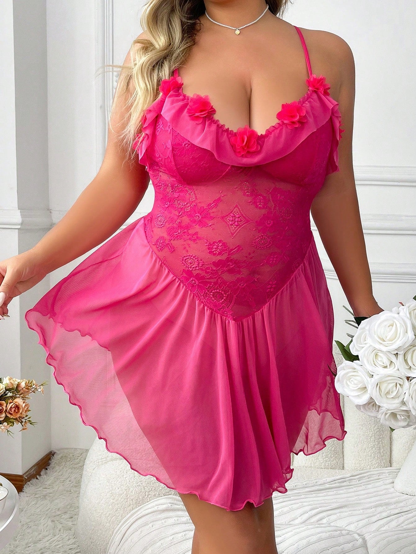 Plus Size 3D Flower Decorated Lace Trim Asymmetrical Hem Cami Slip Dress
