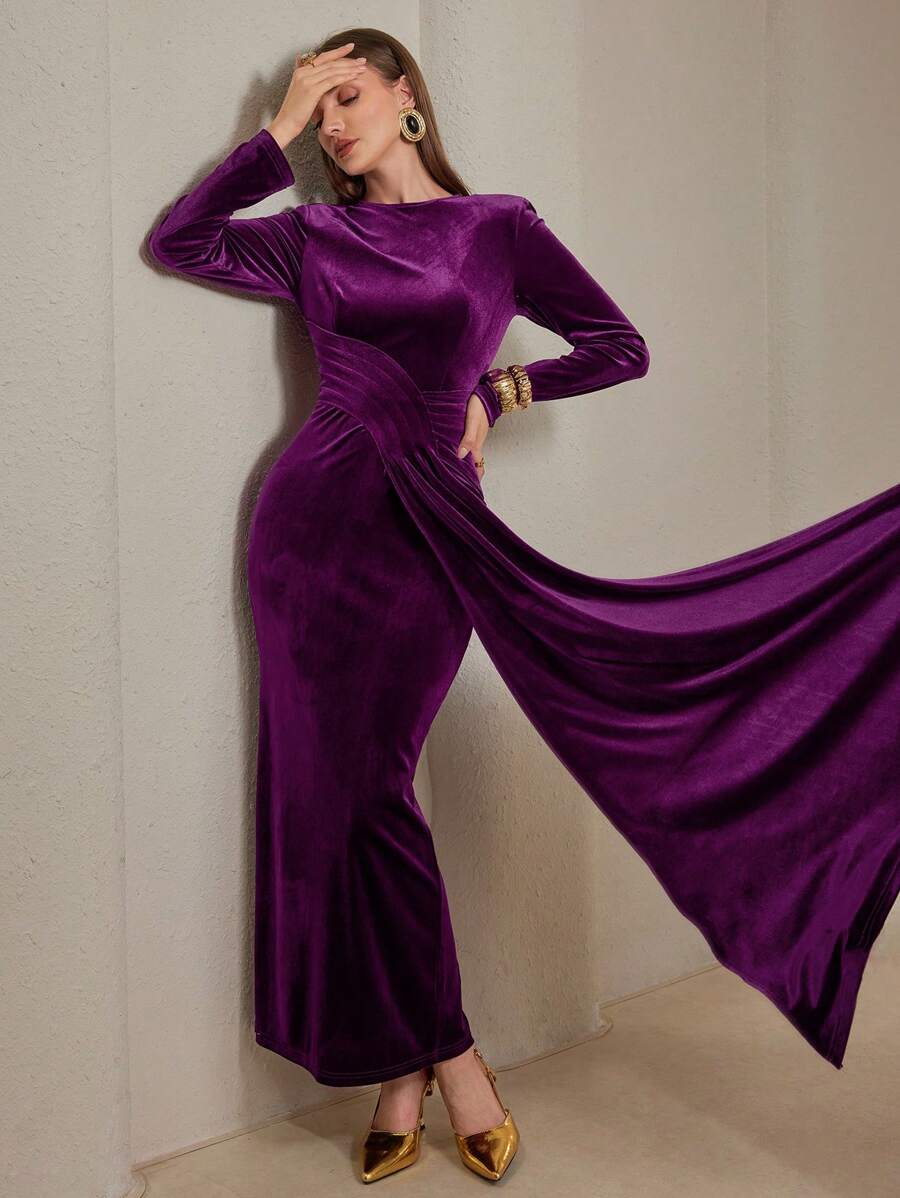 SHEIN Modely 1 قطعة فستان أنيق للنساء بلون كامل وياقة دائرية وأكمام طويلة وشريط تركيبي
