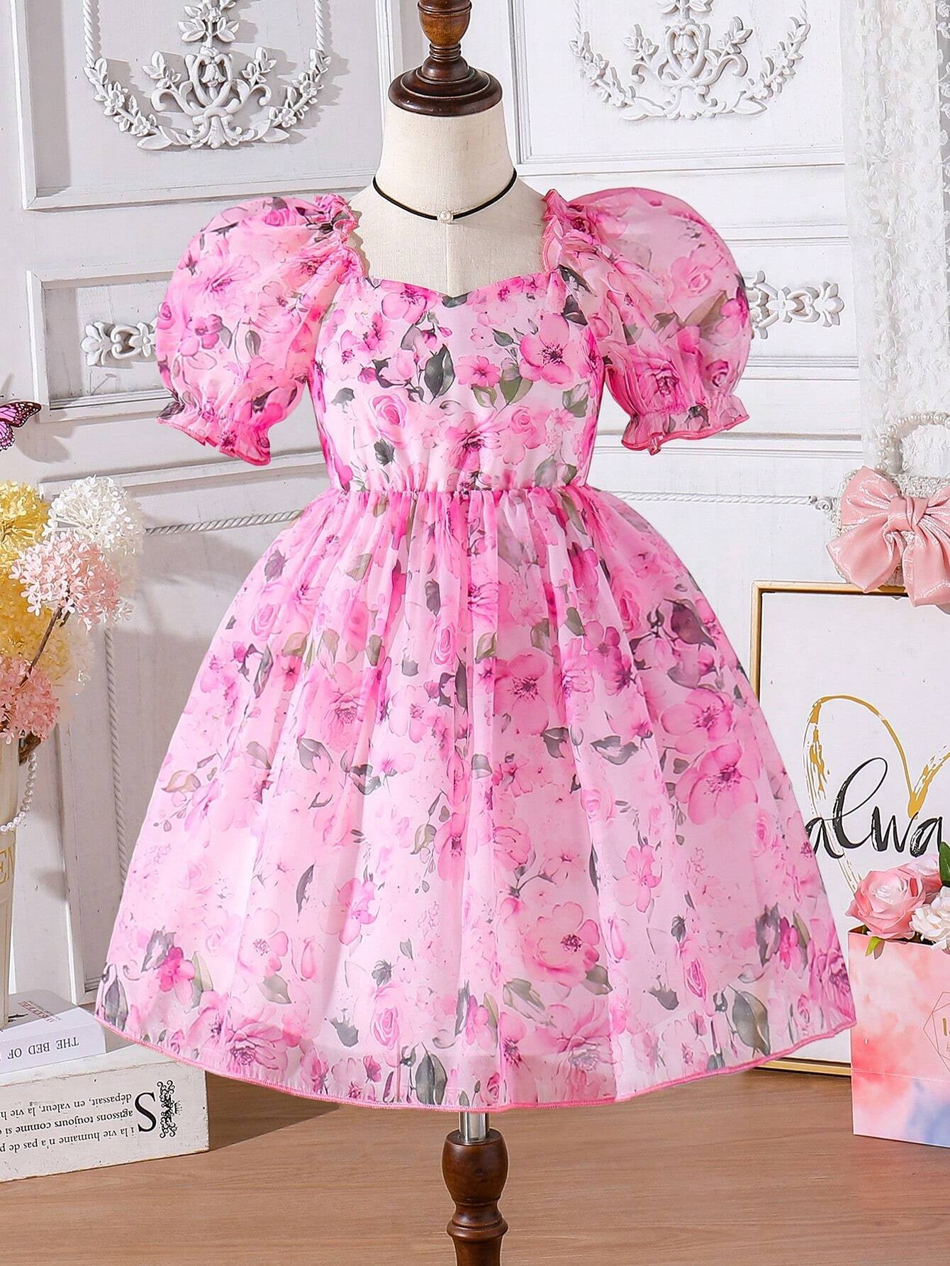 Young Girls' Summer Flower Print Dress, Purple Floral Princess Dress with Puff Sleeves