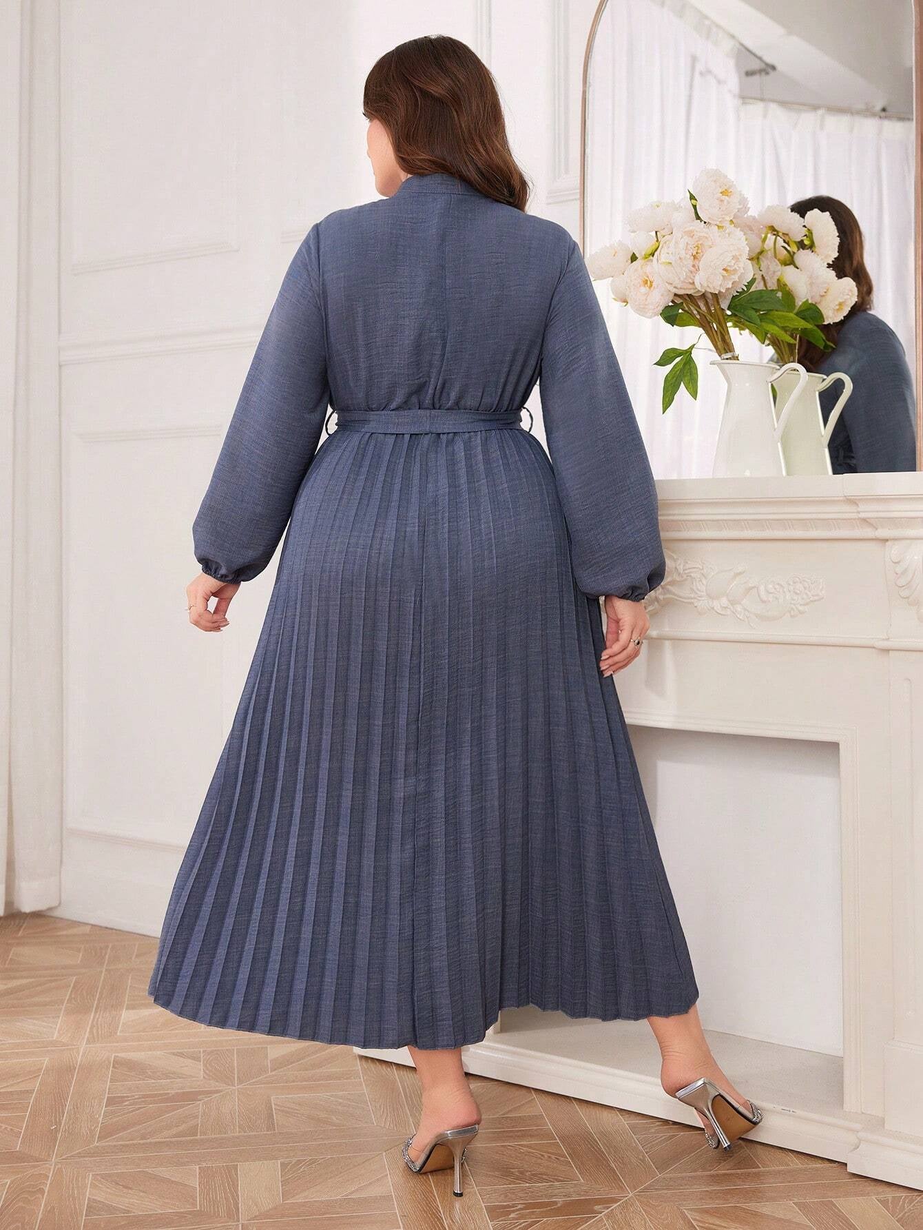 Modely Women'S plus Size Lantern Sleeve Belted Dress