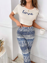 Ladies' Pajama Set with Letter Print Short Sleeve Top and Pants