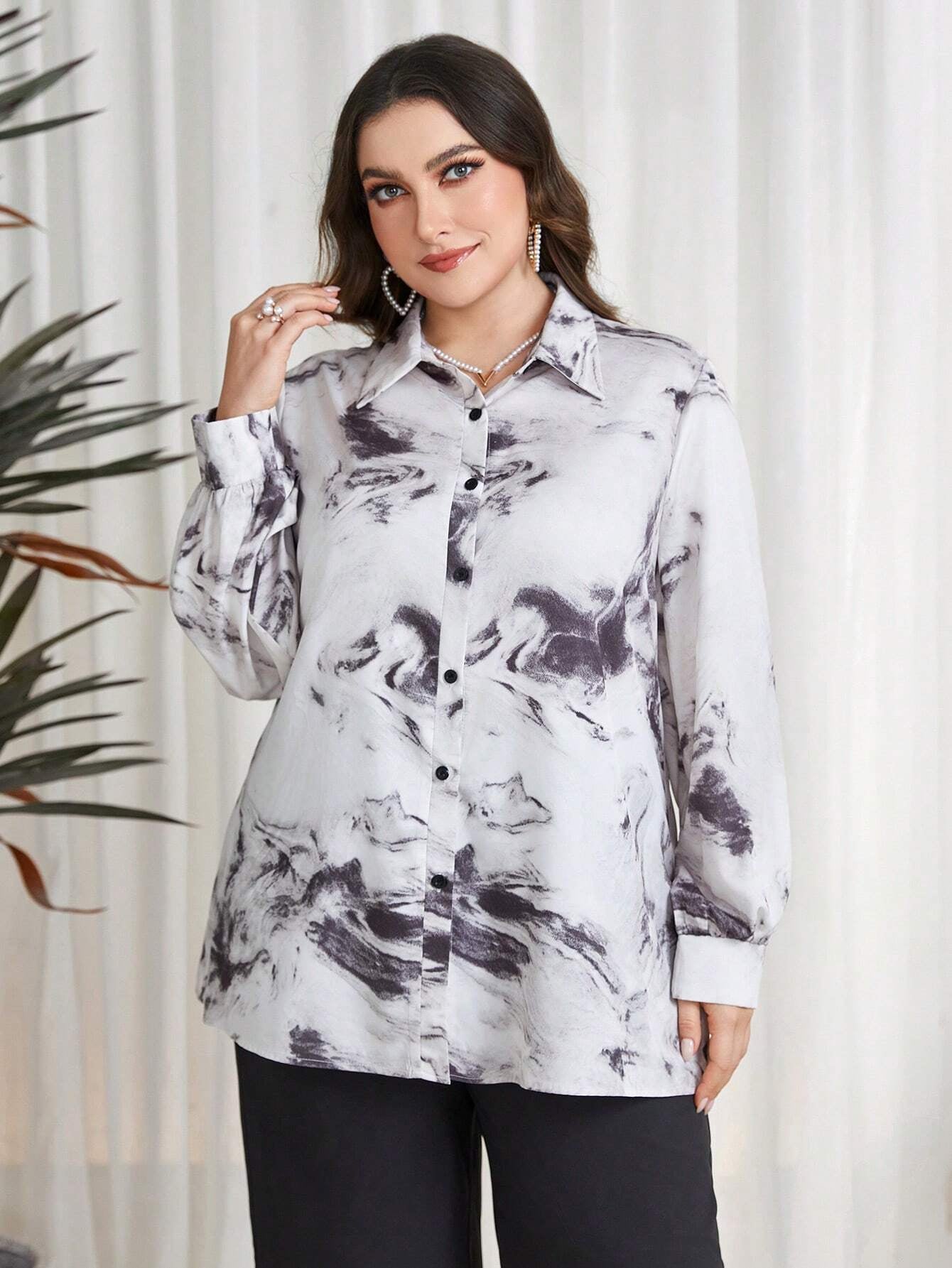 Mulvari plus Size Women'S Tie Dye Turn down Collar Shirt and Long Pants Two Piece Set