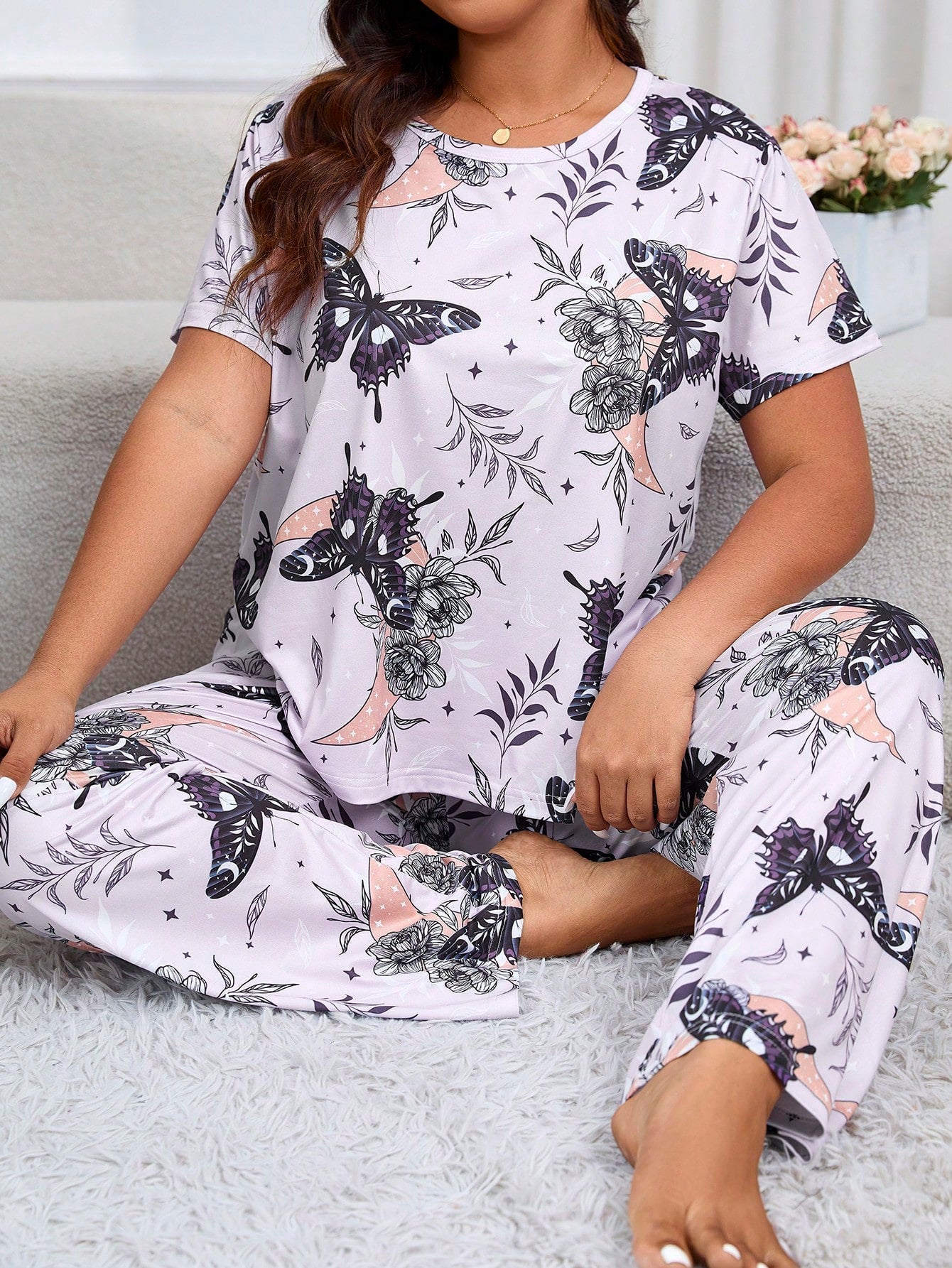 Plus Size Butterfly, Floral & Plants Printed Homewear Set