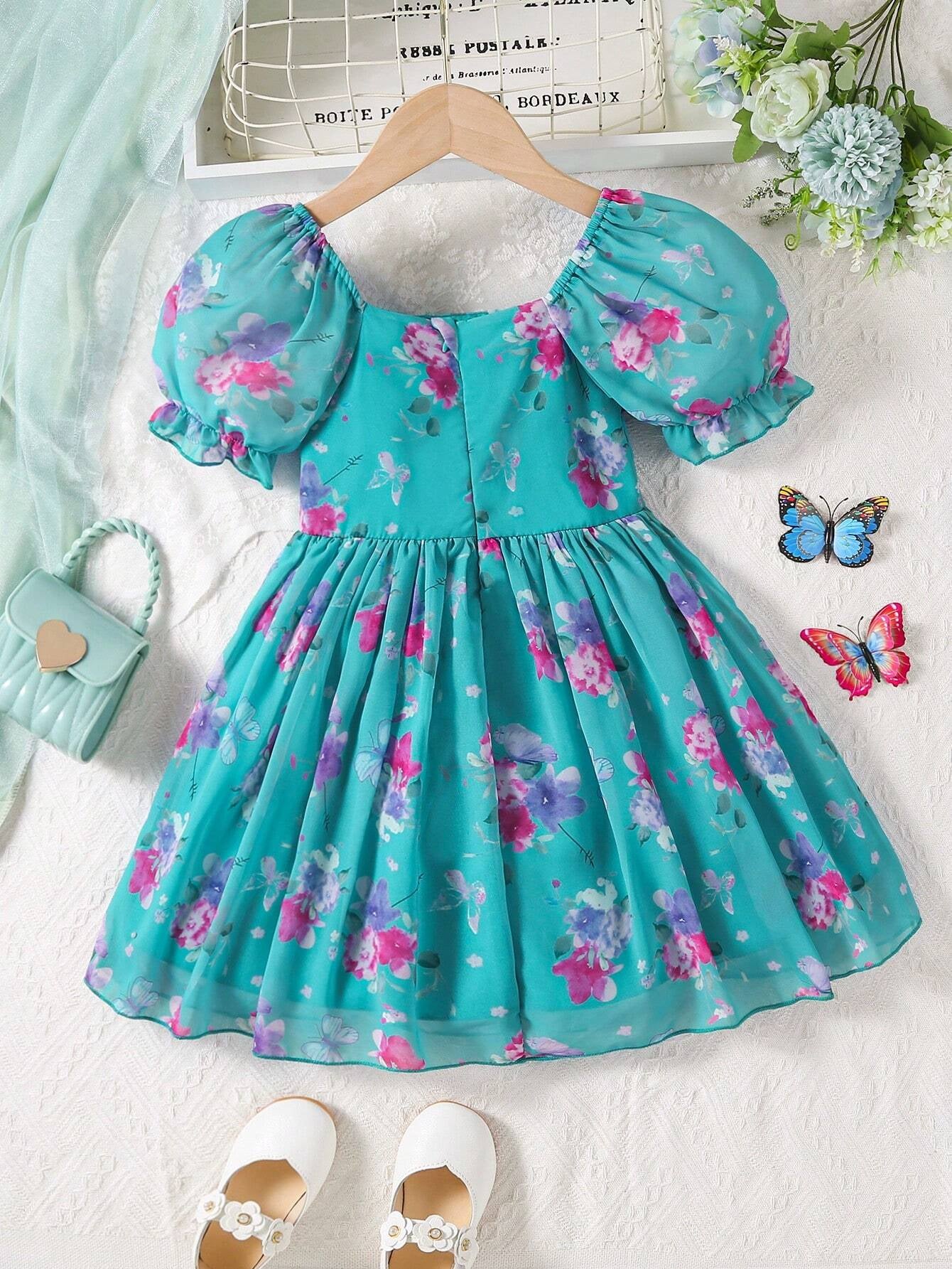 Young Girl'S Floral Printed Puff Sleeve Dress