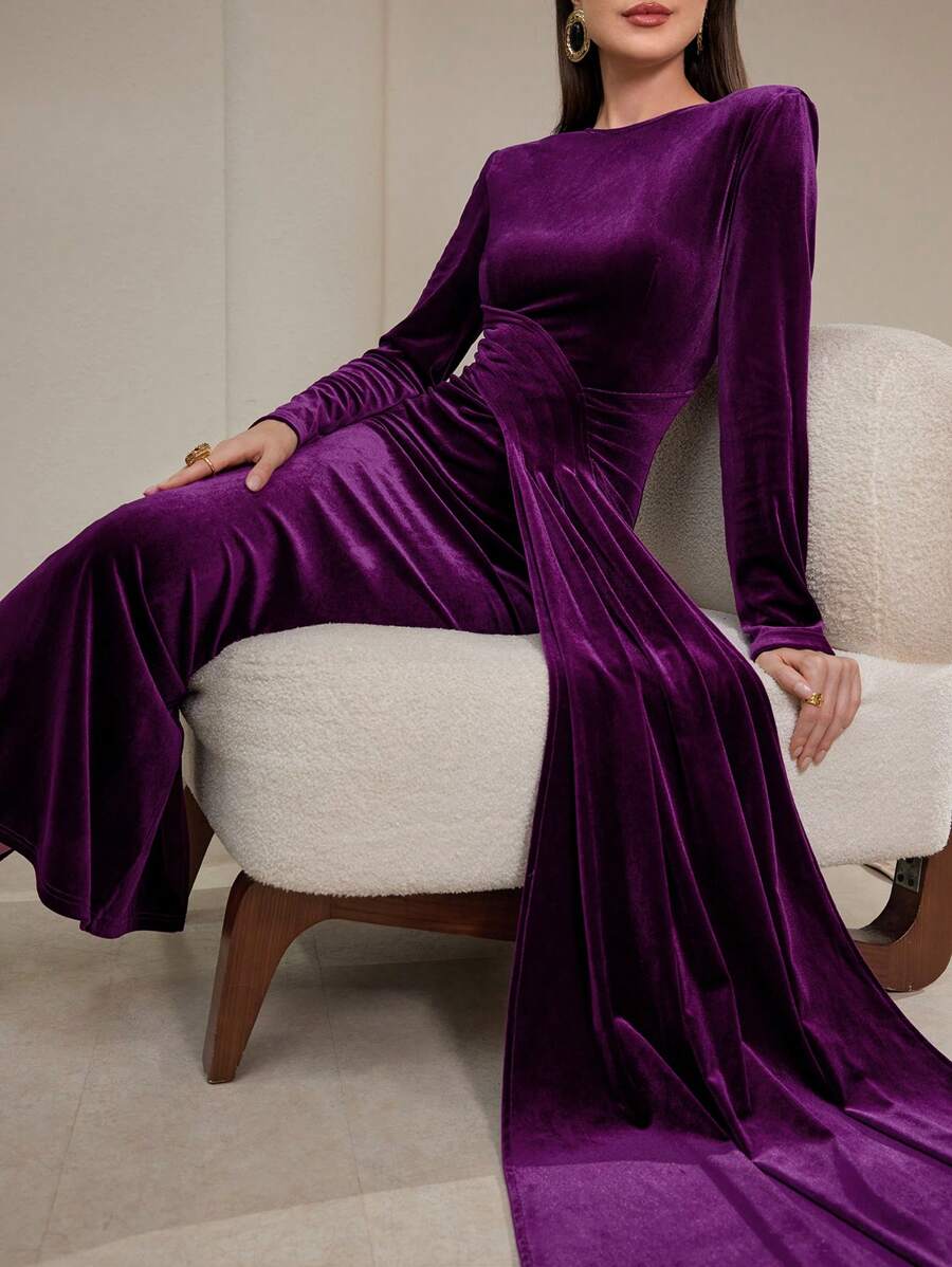 SHEIN Modely 1 قطعة فستان أنيق للنساء بلون كامل وياقة دائرية وأكمام طويلة وشريط تركيبي