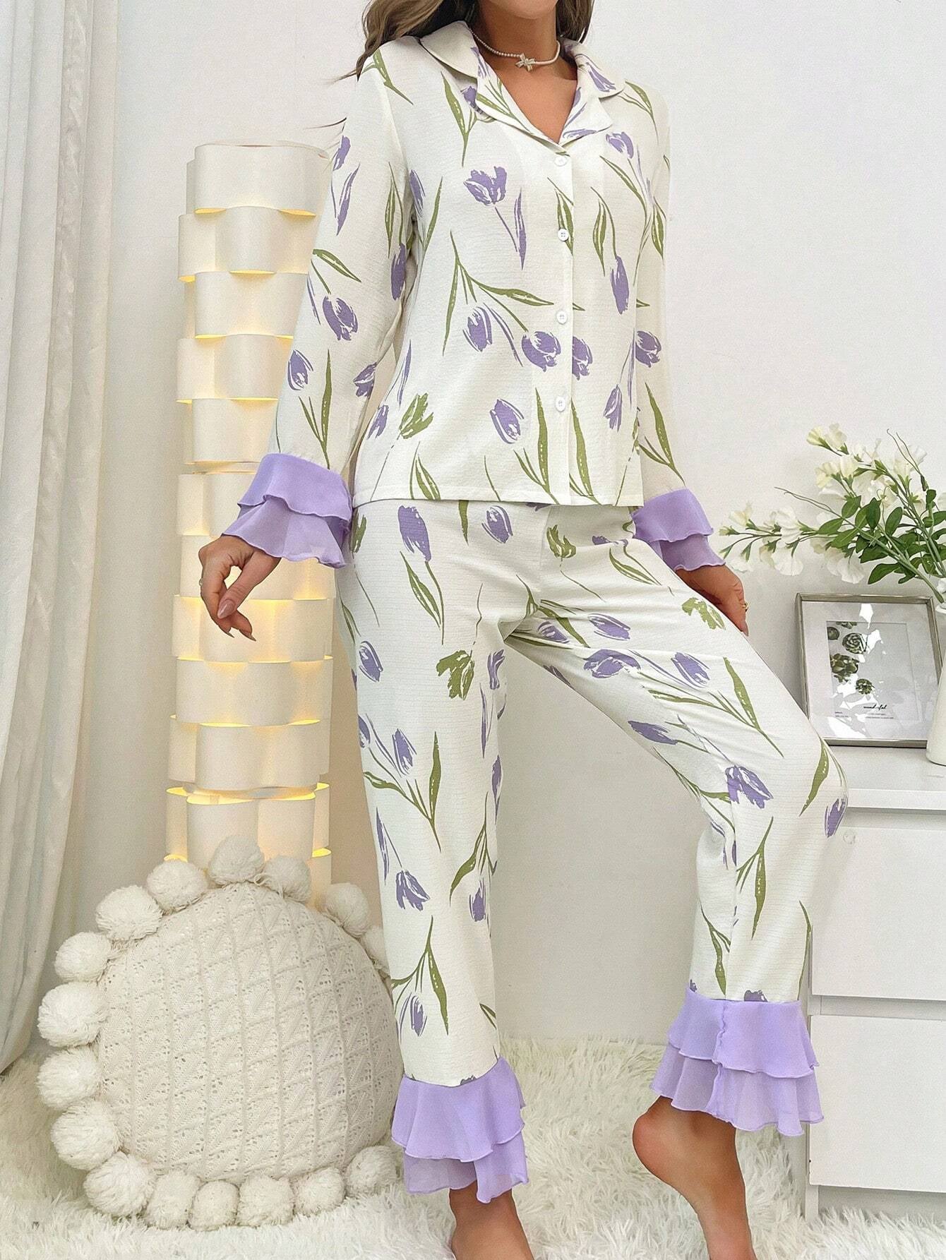 Floral Print Flare Sleeve Ruffle Hem PJ Set