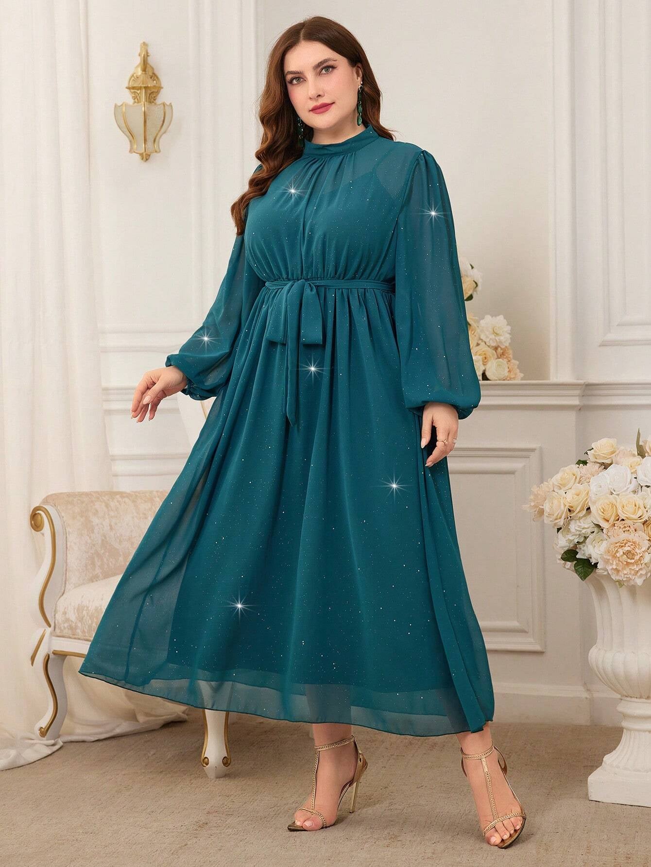 Modely plus Size Stand Collar Lantern Sleeve Dress