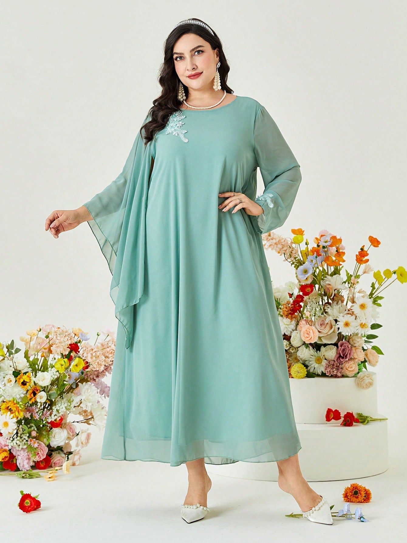 Najma plus Floral Embroidery Draped Detail Dress
