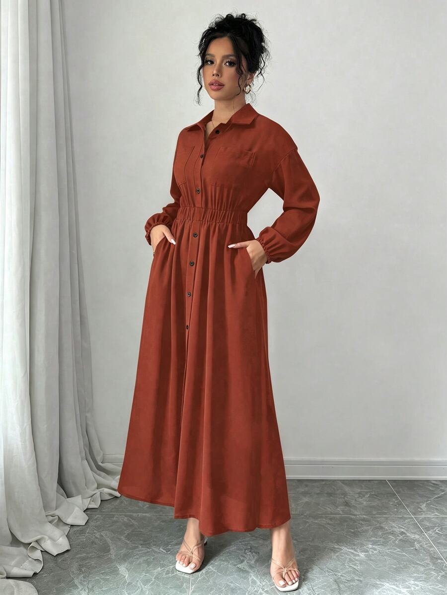 SHEIN Elenzga فستان طويل بأكمام طويلة وأزرار أمامية