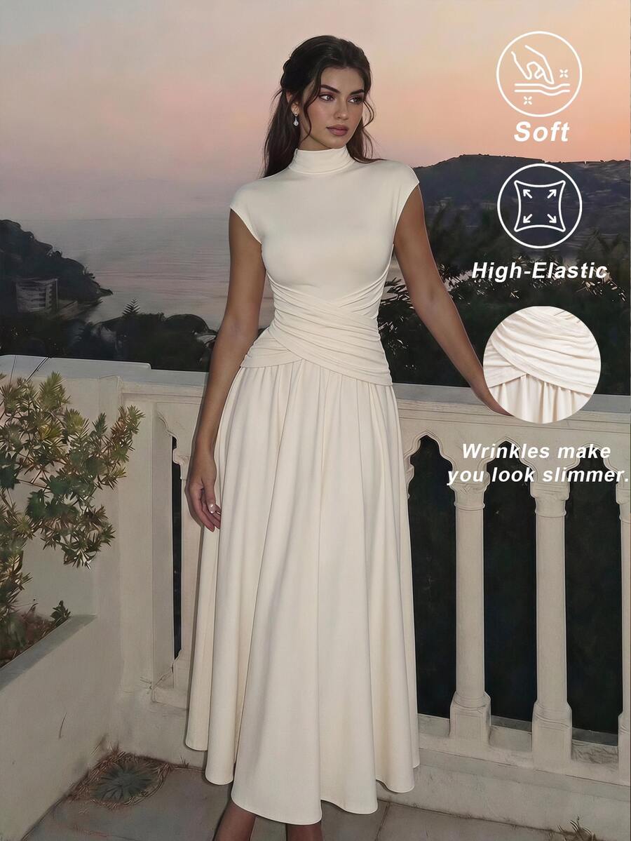 SHEIN MOD فستان طويل سادة مع حزام خصر بلون مشمشي