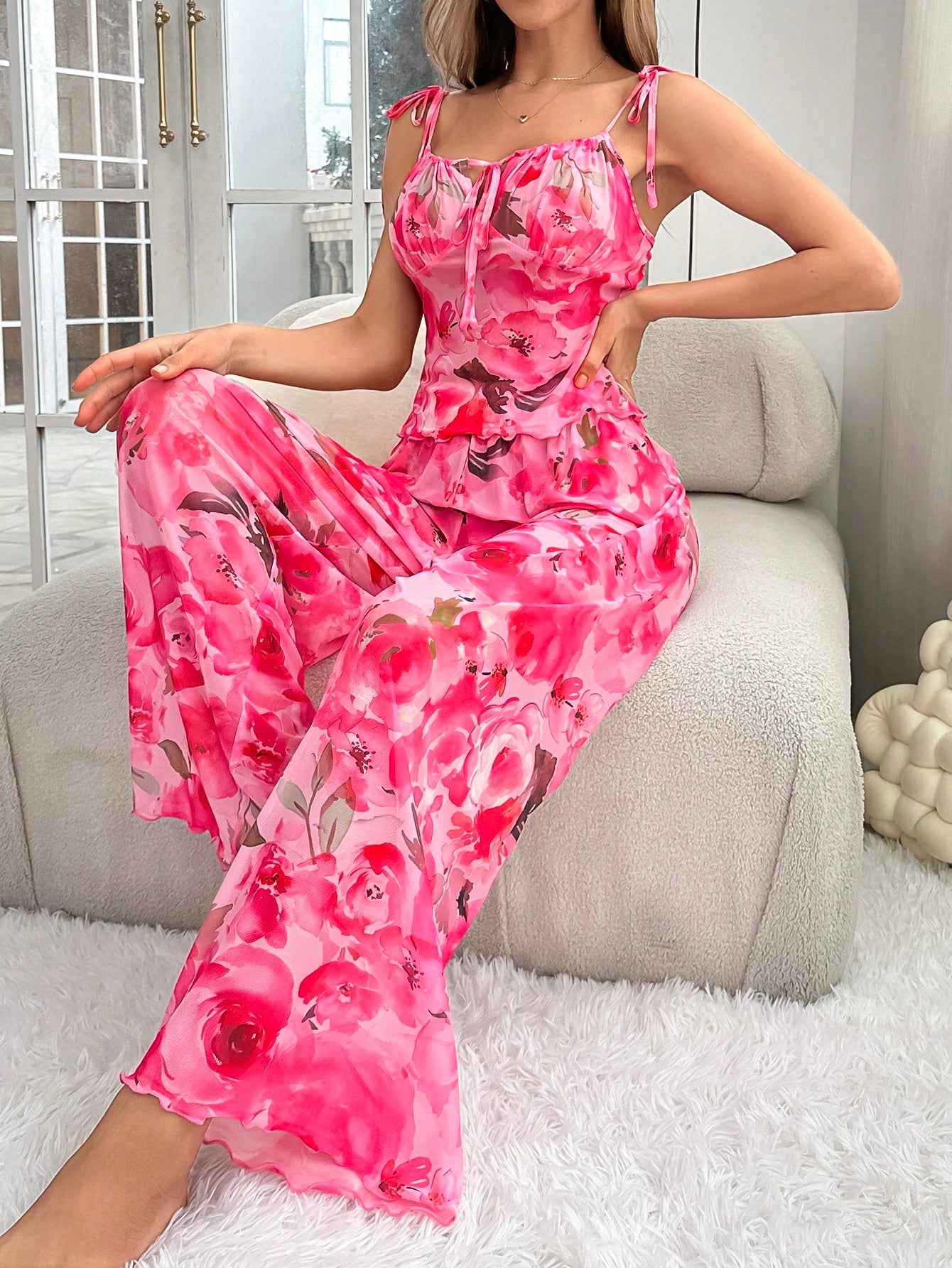 Floral Print Cami Strap Tops & Pants Women'S Pajama Set with Ties