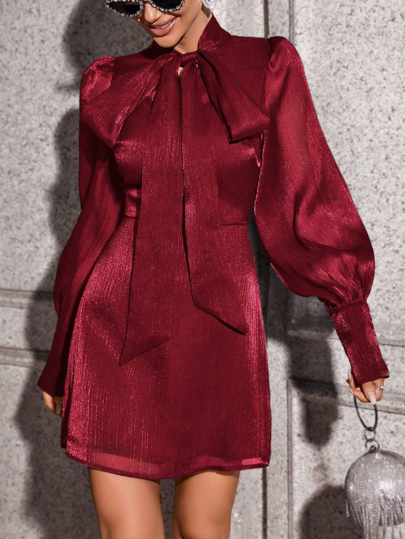 Privé Lantern Sleeve Tie Neck Dress