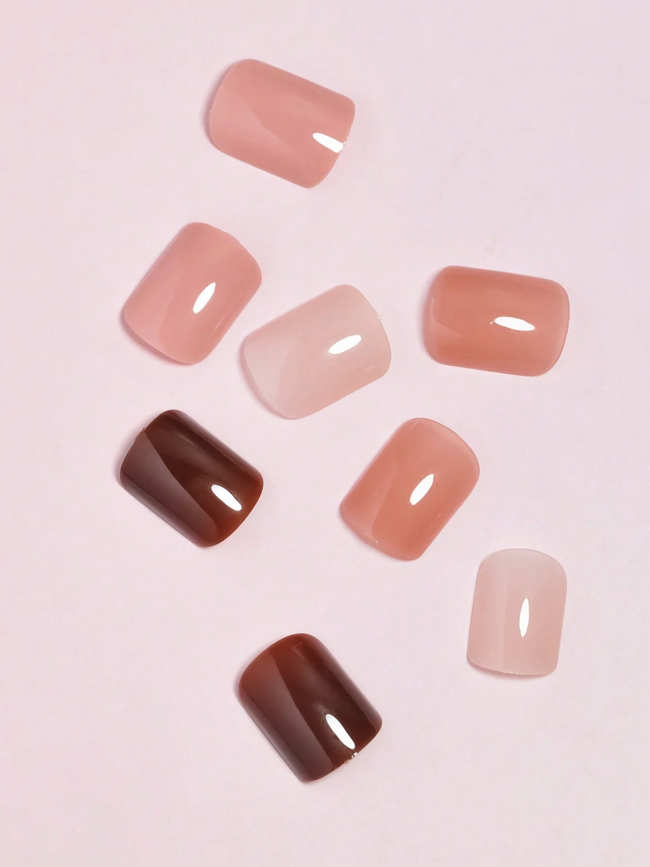 96Pcs(4Different Colors) Brown/Nude Solid Glossy Wearable Nail Art Lovely Short Square Fake Nails Detachable Finished False Nails Press on Nails as Gifts for Women and Girls with Storage Box