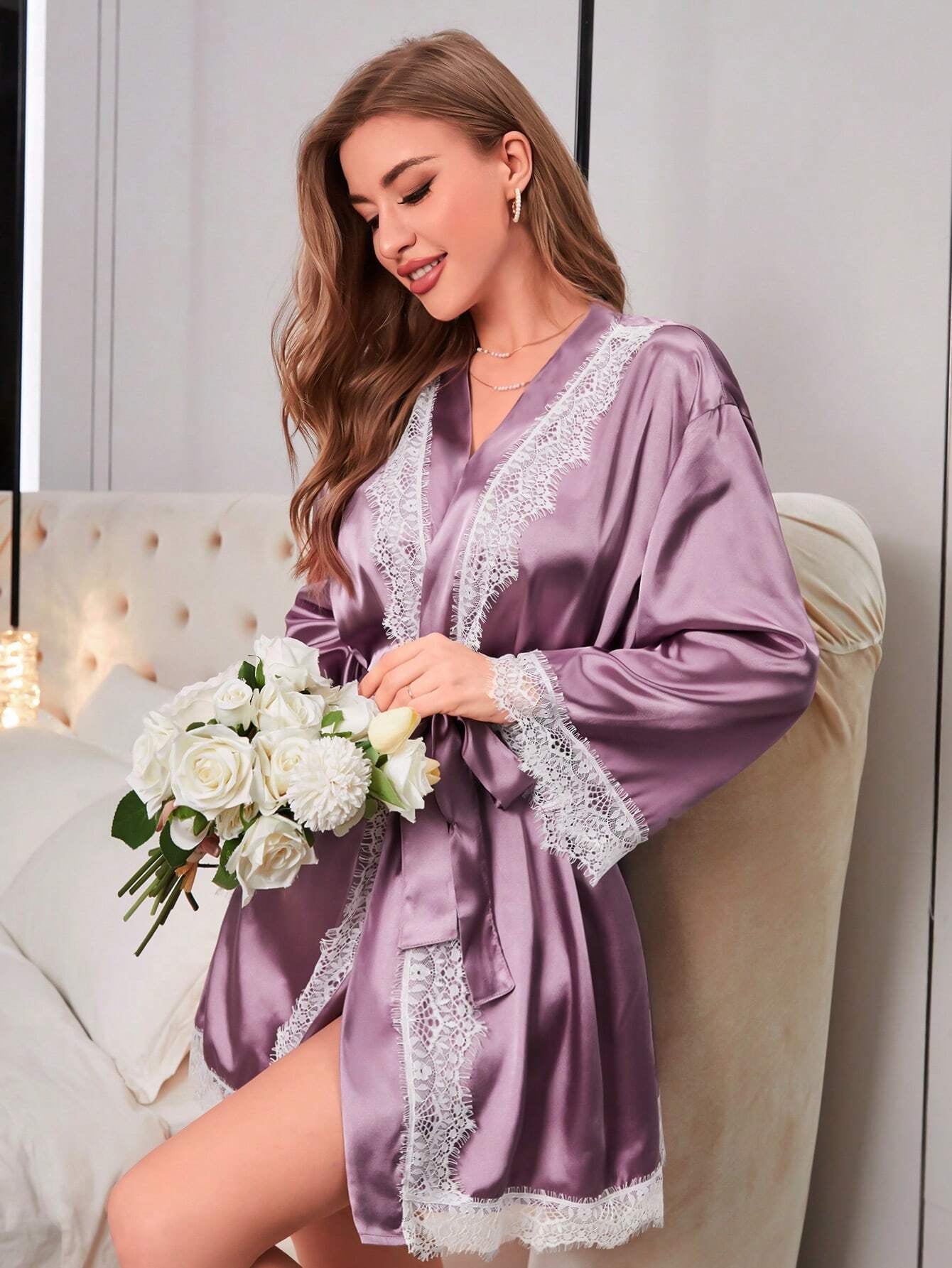 Women'S Patchwork Lace Satin Robe