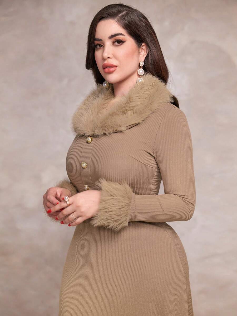 SHEIN Modely فستان نسائي عربي منخفض الرقبة مصنوع من مزيج الصوف الأنيق