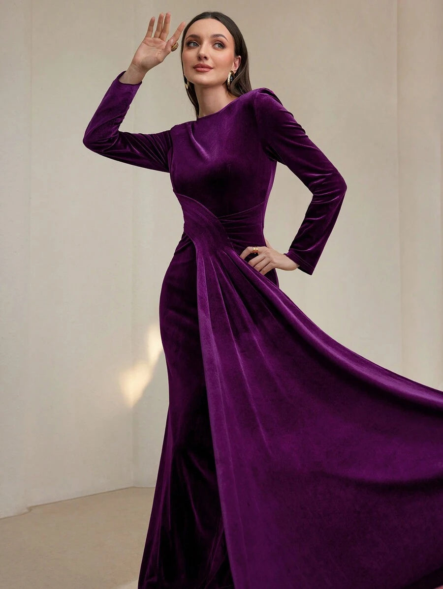 SHEIN Modely 1 قطعة فستان أنيق للنساء بلون كامل وياقة دائرية وأكمام طويلة وشريط تركيبي