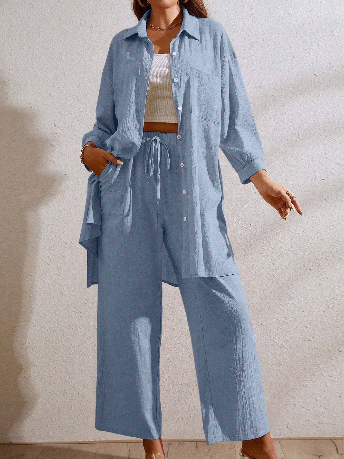 LUNE Women'S Long Drop Shoulder Shirt and Wide Leg Pants Set