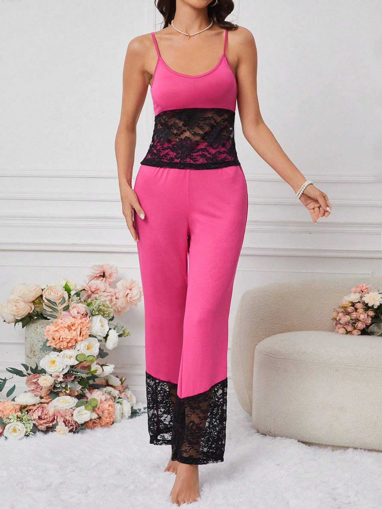 Ladies Lace Patchwork Cami Top and Shorts Sleepwear Set
