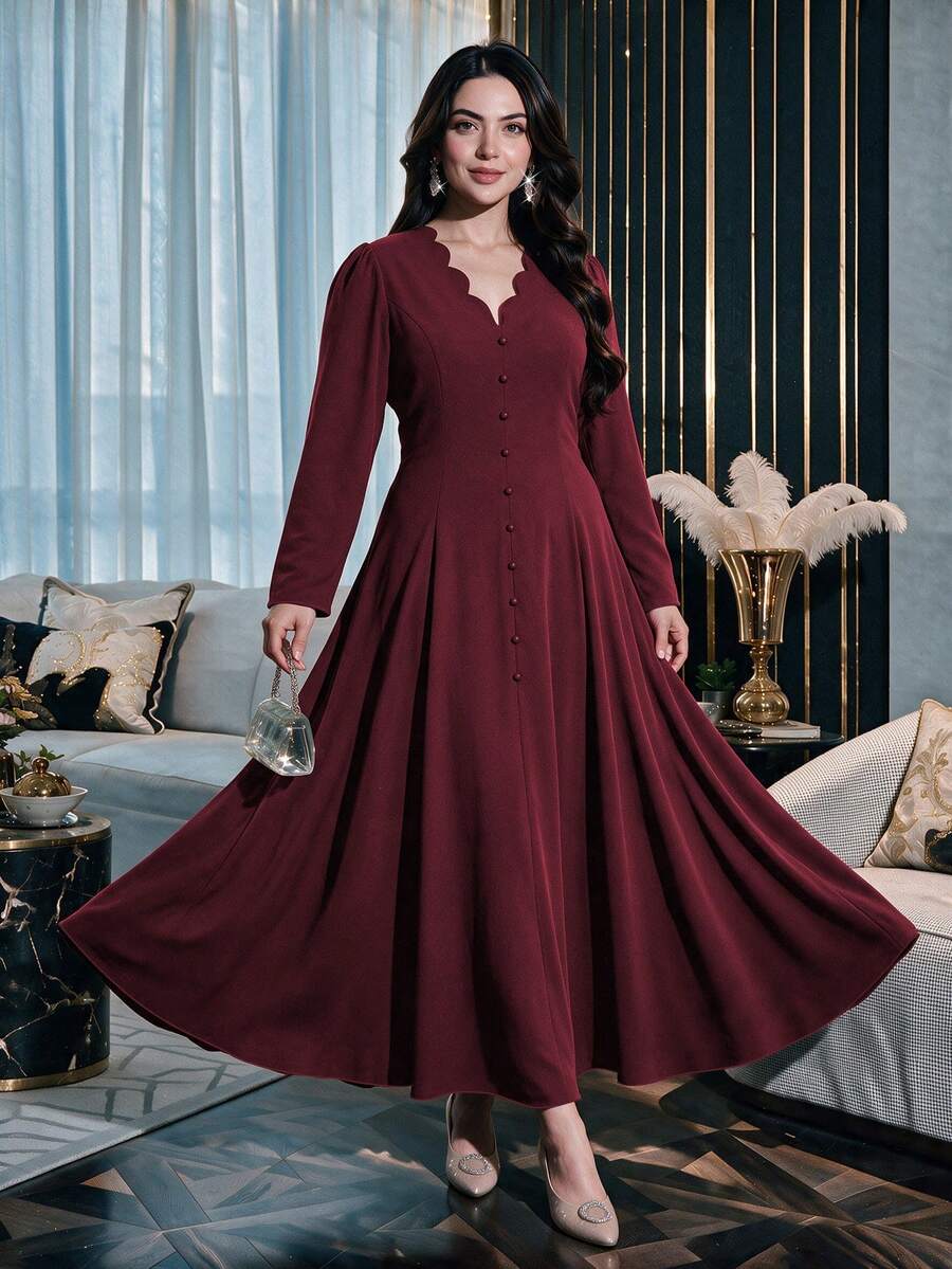 SHEIN Modelyn فستان عنابي بأزرار أمامية