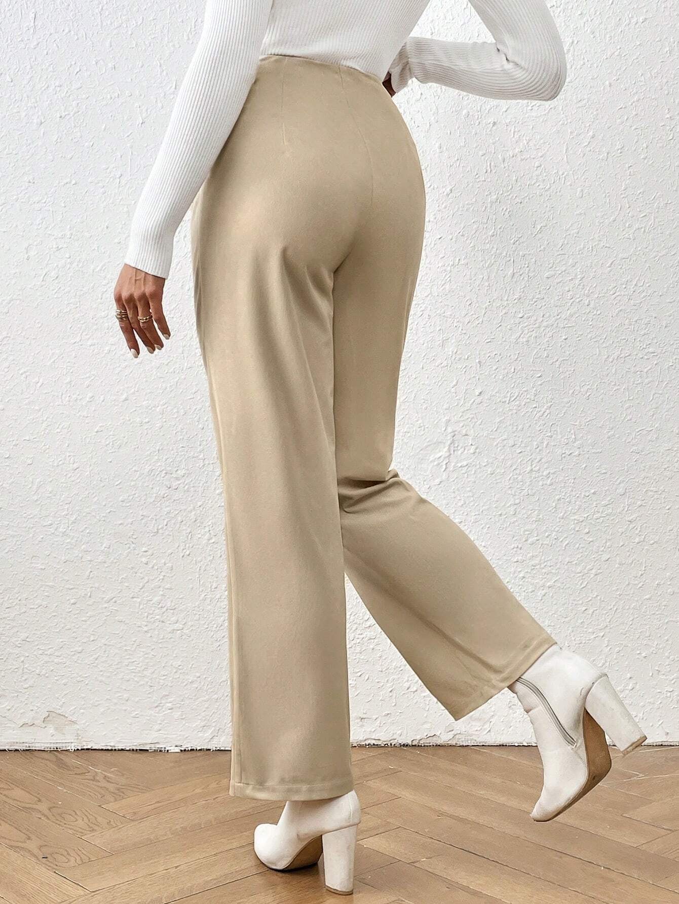 Frenchy High-Waisted Straight Leg Pants with Double Breasted Decoration