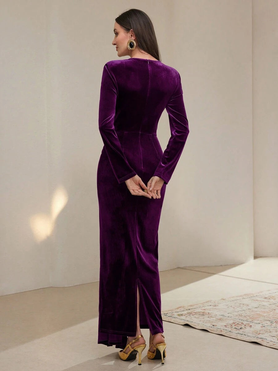 SHEIN Modely 1 قطعة فستان أنيق للنساء بلون كامل وياقة دائرية وأكمام طويلة وشريط تركيبي