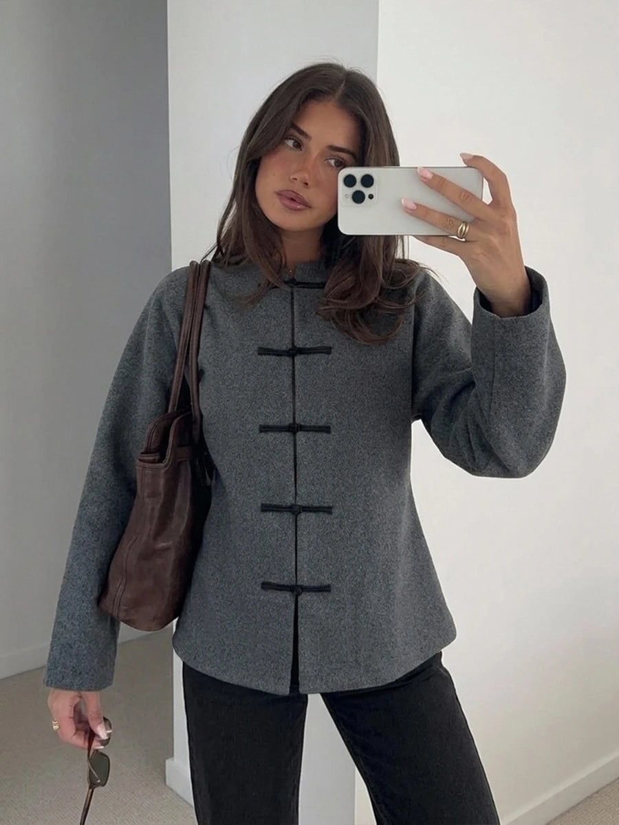 SHEIN Siren Gaze جاكيت نسائي كاجوال بأكمام طويلة بلون رمادي