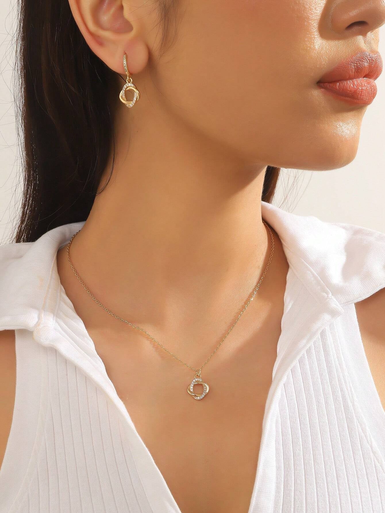 3Pcs Rhinestone Circle Decor Jewelry Set
