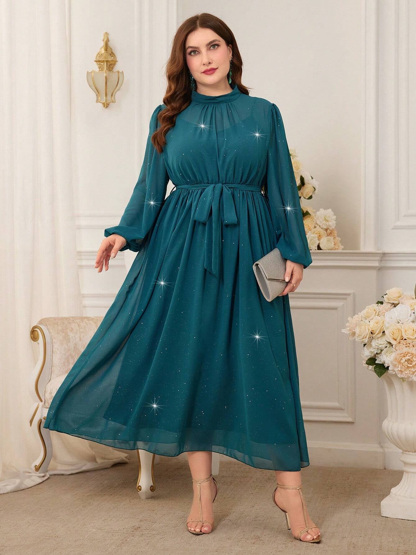 Modely plus Size Stand Collar Lantern Sleeve Dress