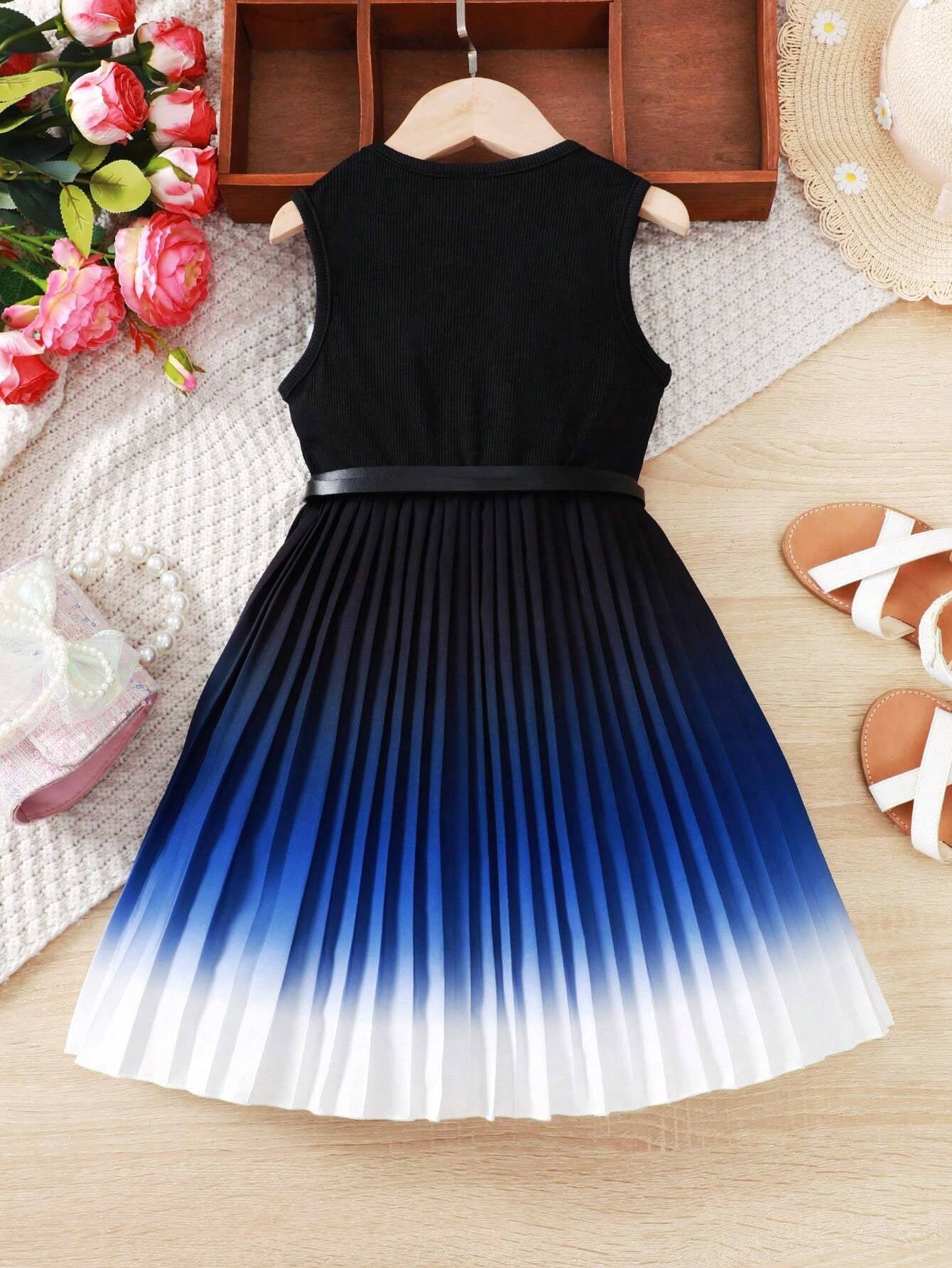 Young Girl Gradient Colorblock Pleated Hem Sleeveless Dress for Summer