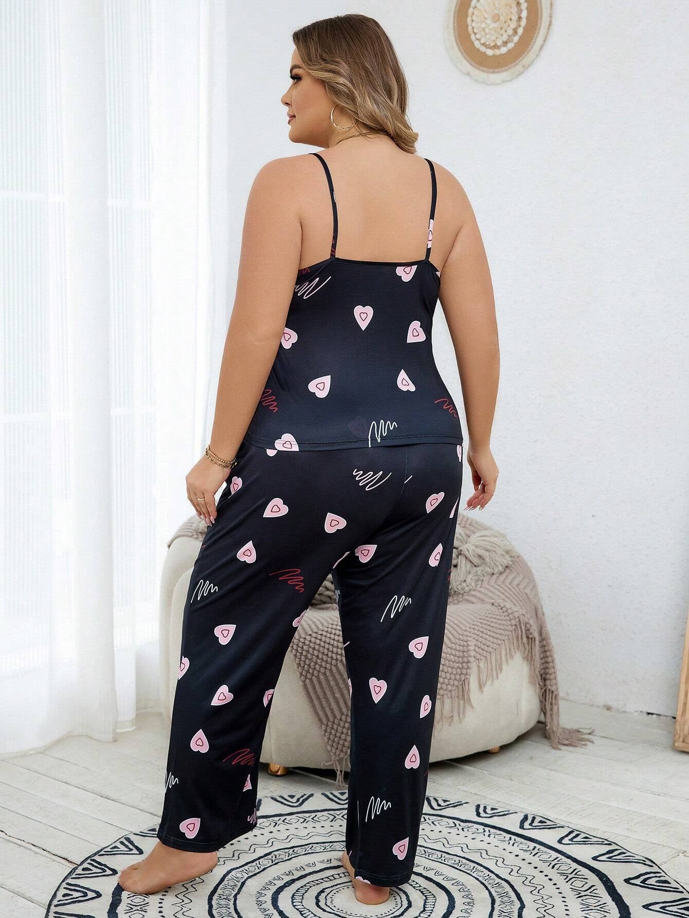 Plus Size Women'S Pink Heart Shaped Cami Set