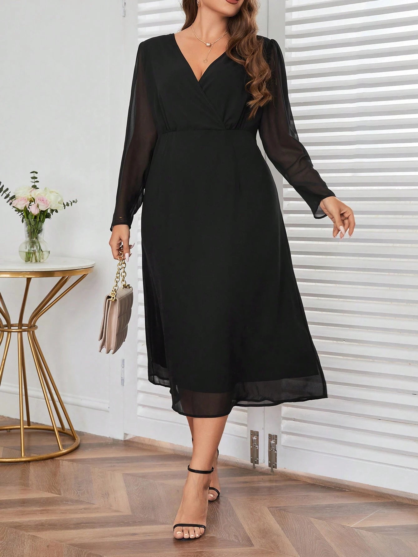 Privé plus Size Wrap Neck Long Sleeve Dress