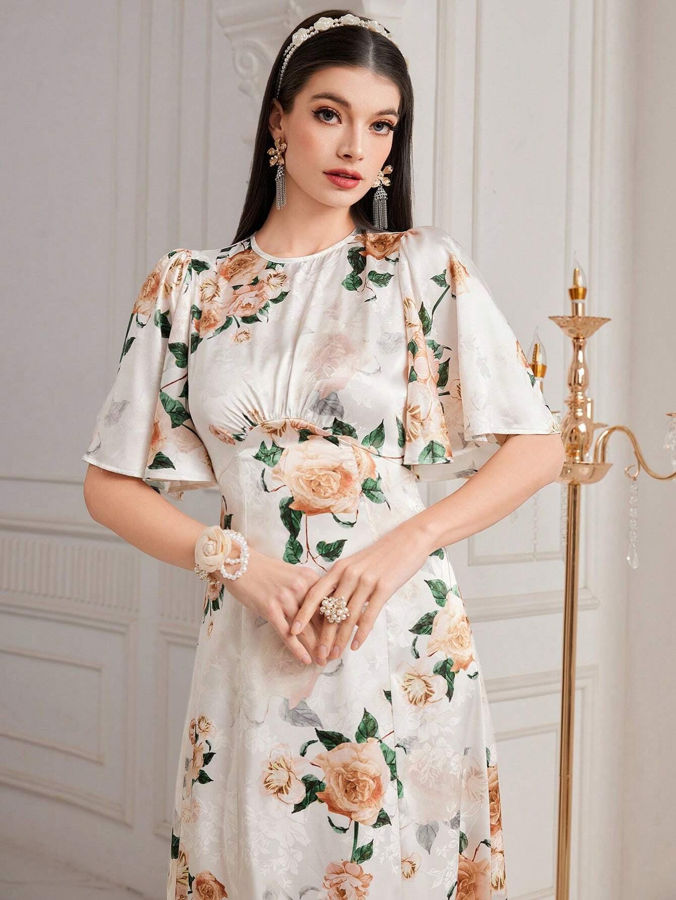 Modely Women'S Floral Printed Butterfly Sleeve Dress