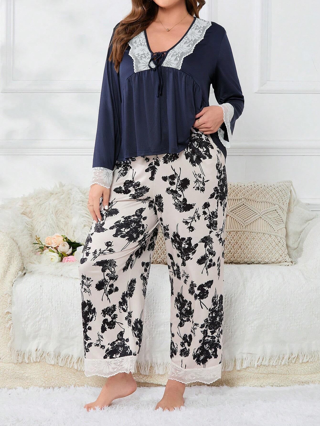 Plus Floral Print Contrast Lace PJ Set