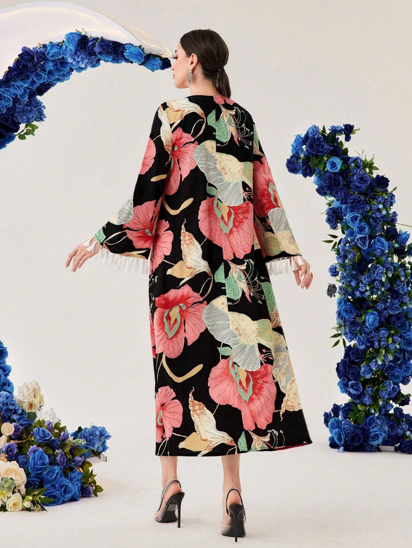 Najma Women'S Ginkgo Leaf Print Patchwork Tassel Bell Sleeve Arabic Dress