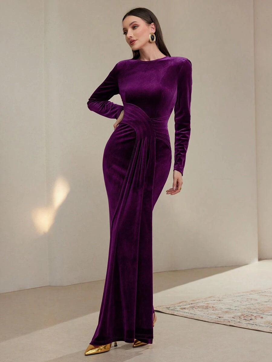 SHEIN Modely 1 قطعة فستان أنيق للنساء بلون كامل وياقة دائرية وأكمام طويلة وشريط تركيبي