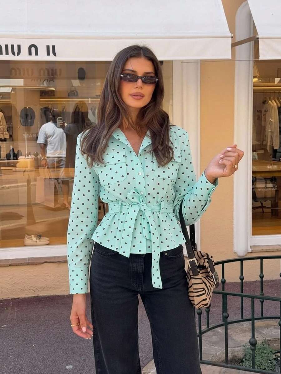 SHEIN Siren Gaze معطف ترنش نسائي قصير بلون أخضر نعناعي بياقة عالية وحزام