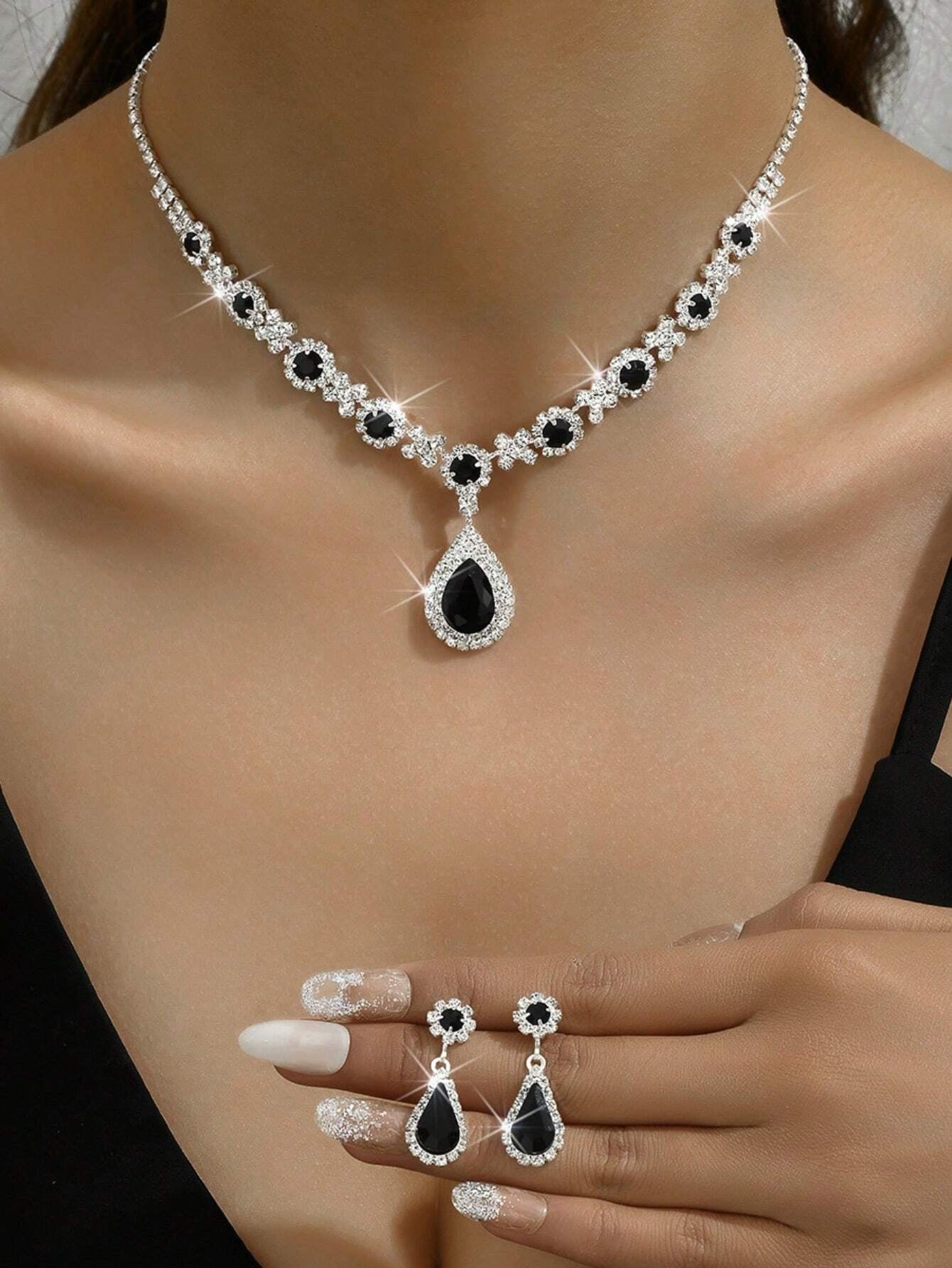3Pcs Wedding Women'S Fashion Jewelry Set Tassel Rhinestone Earrings Necklace Luxury Party Fashion Accessories