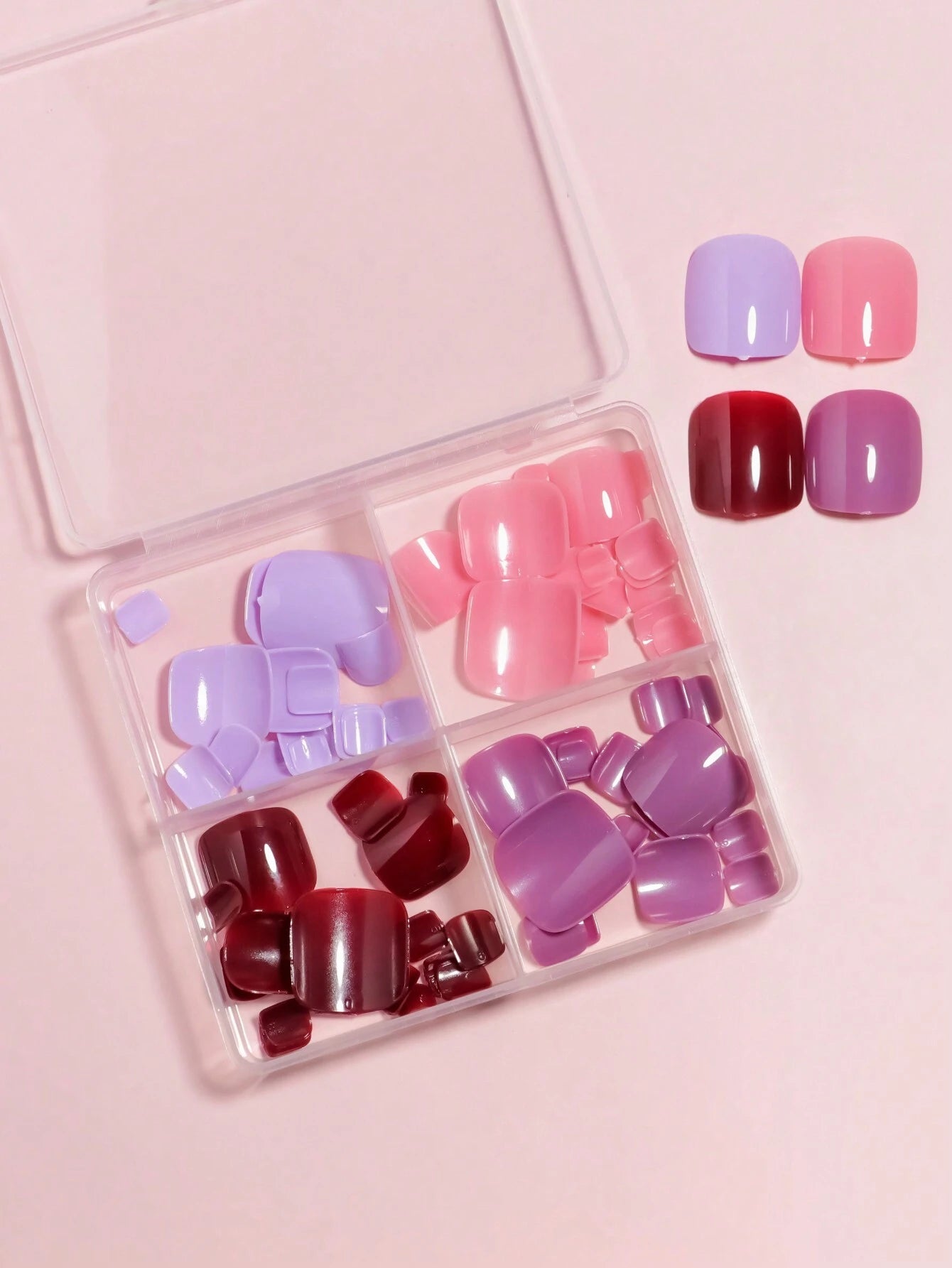 4Packs(96Piece)-Purple/Peach Pink/Sliver/Red Glitter with UV Coating Toenails