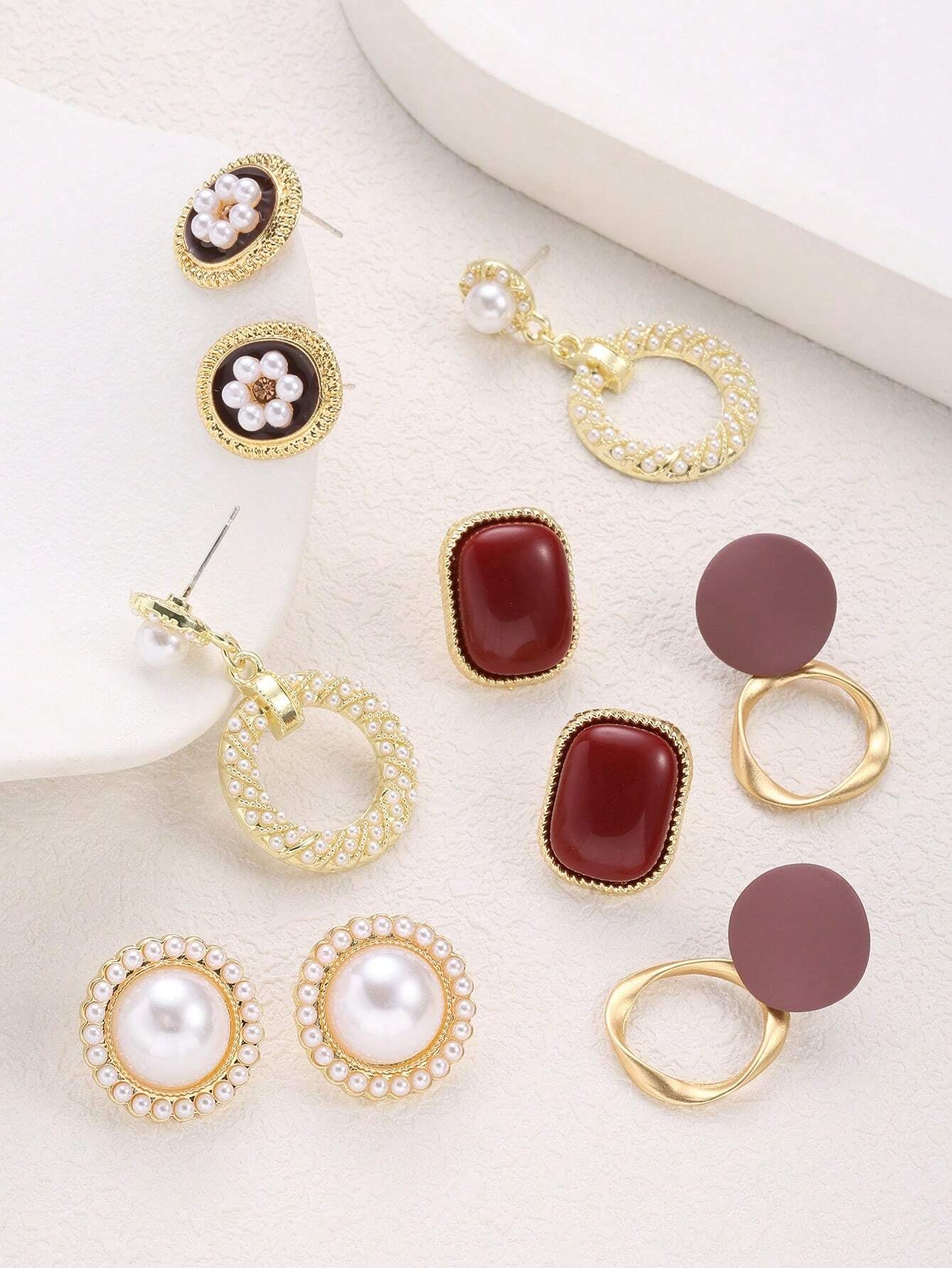 5Pairs/Set Retro Zinc Alloy Drop Earrings with Faux Pearls & Cubic Zirconia, Suitable for Women'S Daily Wear