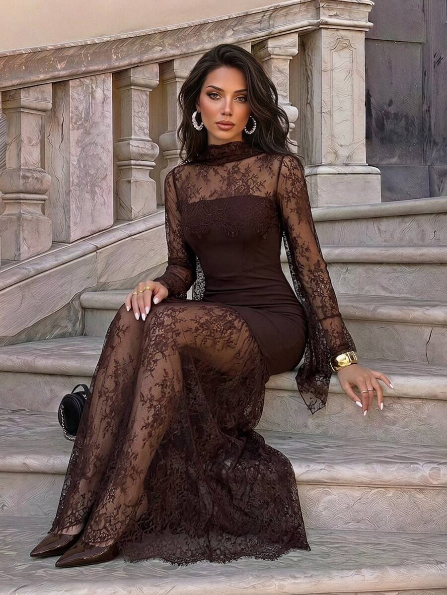 SHEIN Firerie فستان بني بأكمام طويلة وتفاصيل دانتيل وشريط شفاف
