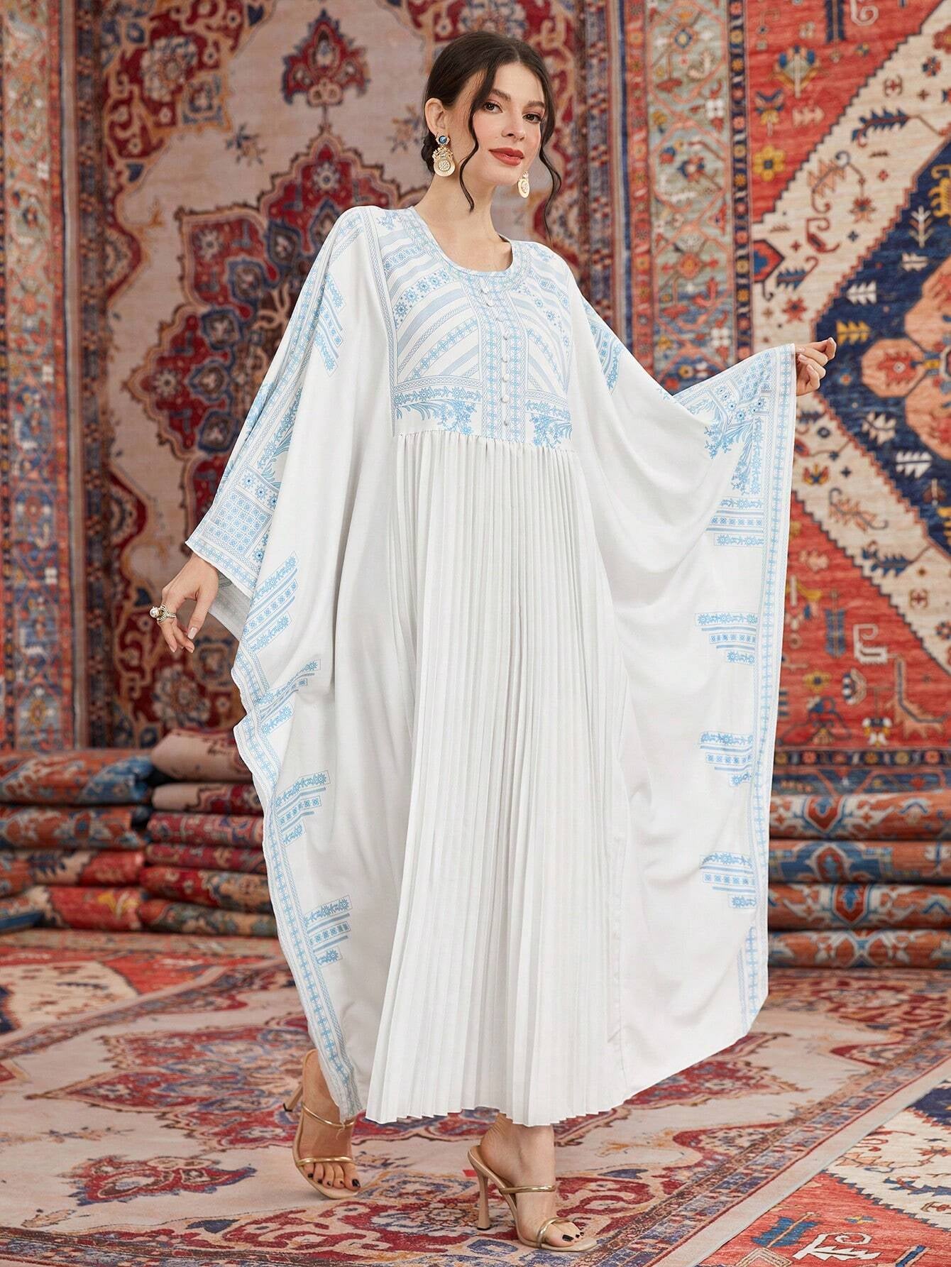 Najma Women'S Loose Fit Kaftan with Contrasting Colors & Printed round Neckline