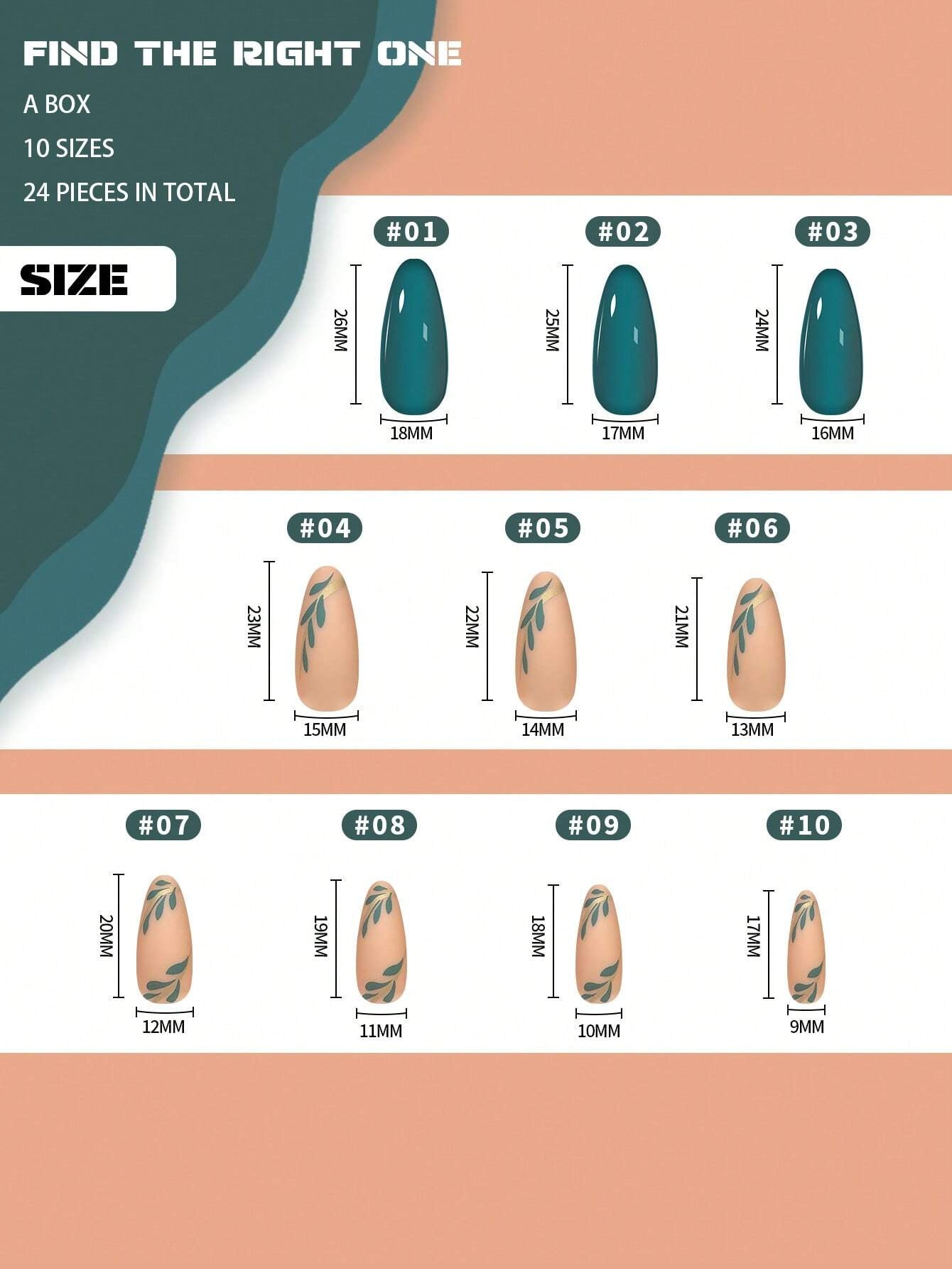 Add a Touch of Romance with 24Pcs Medium Long Almond Shaped Matte & Glossy Double Green Leaves & Foil Painting Full Coverage Nails for Women and Girls