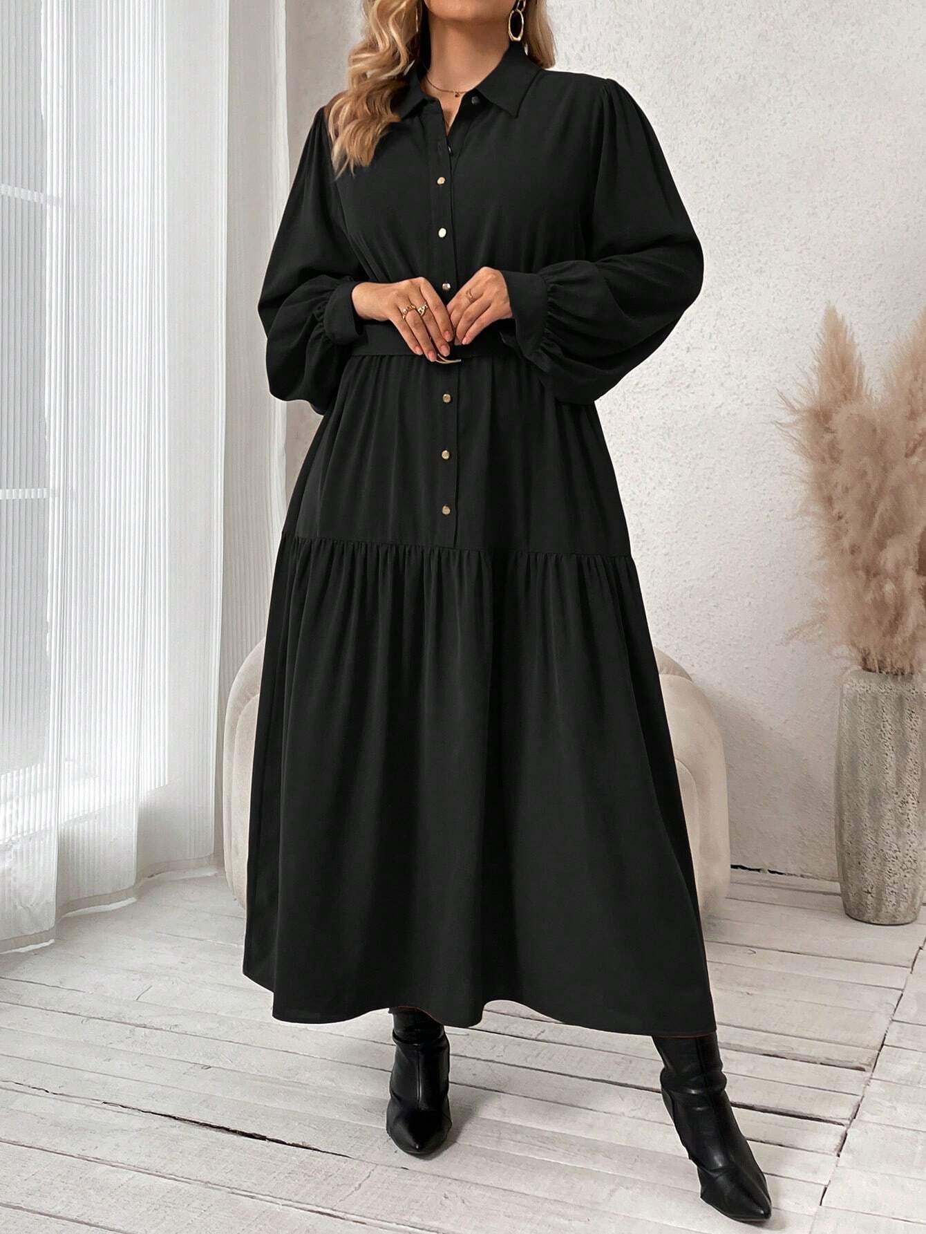 Frenchy plus Lantern Sleeve Ruffle Hem Belted Shirt Dress