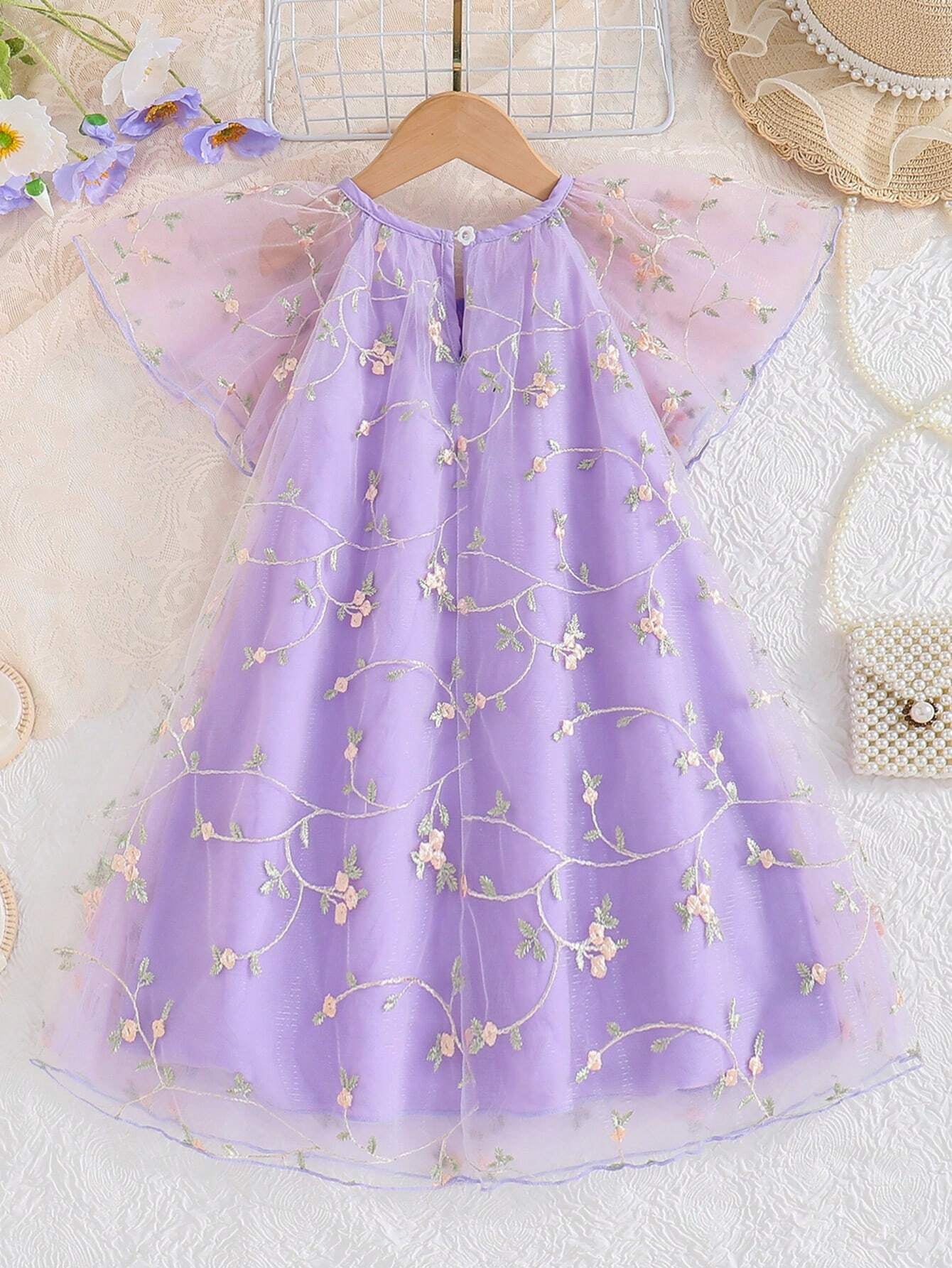 Young Girls' Mesh Embroidery Dress with Ruffle Hem