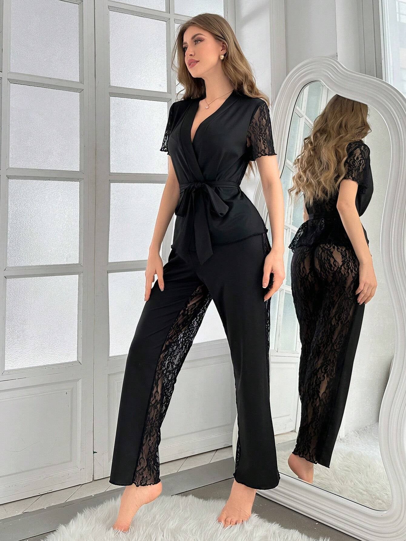 Lace Perspective Pajamas Set with Belt