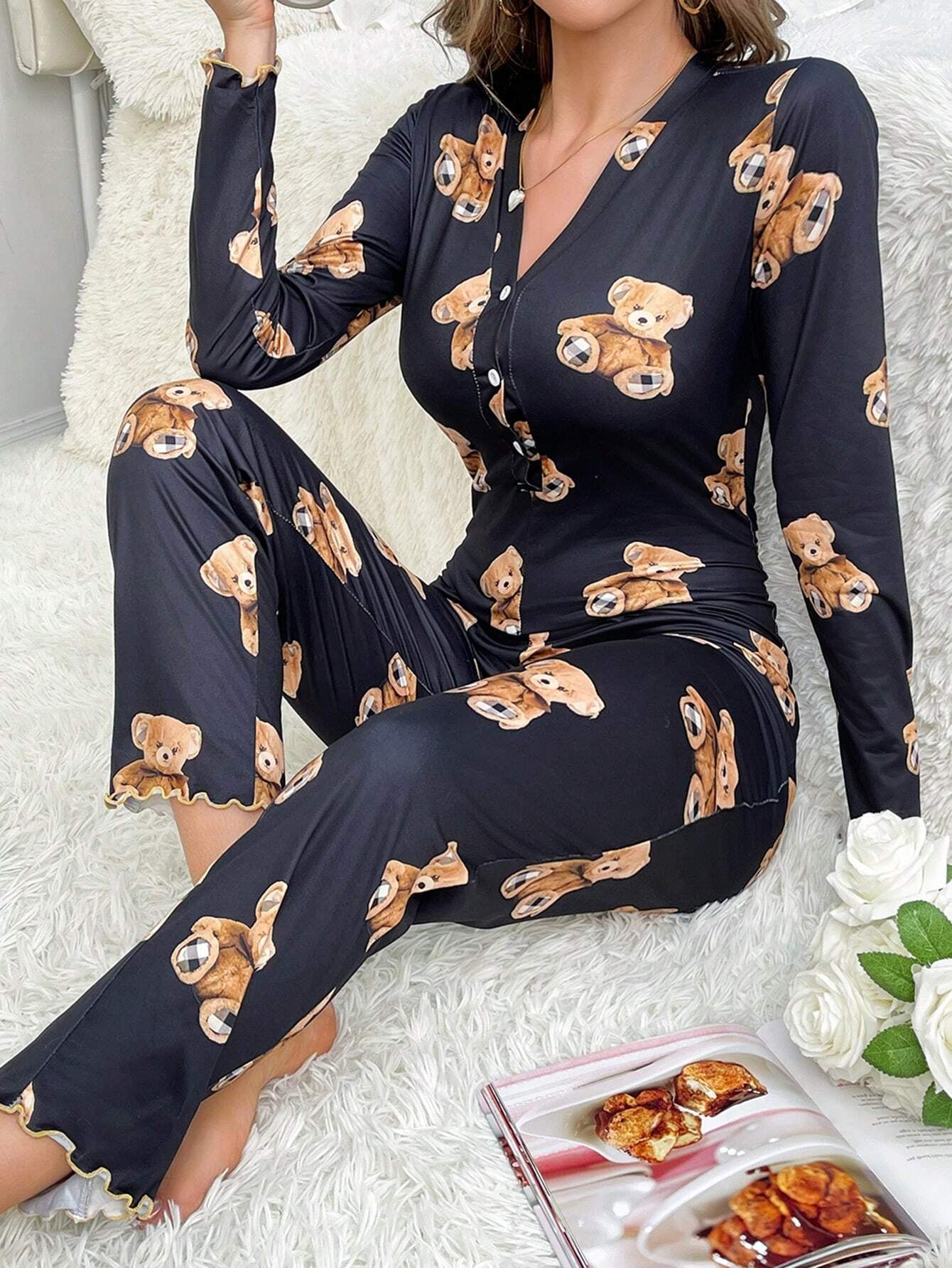 Bear Print Lettuce Trim Button Front Sleep Jumpsuit